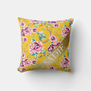 Mustard Yellow Pink Floral Gold Personalisiert Kissen