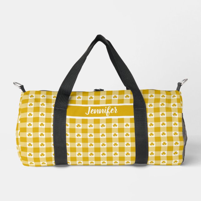 Mustard Yellow Plaid Shamrock Clover Customizable  Duffle Bag (Vorderseite)
