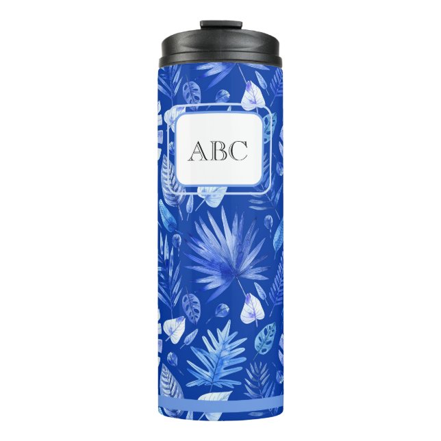 Muster 11oz für monogramm Cobalt Blue Tropical Lea Thermosbecher (Vorderseite)
