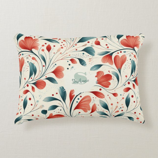 Muster aus blauem Leaf und rotem Flor Dekokissen (Vorderseite)