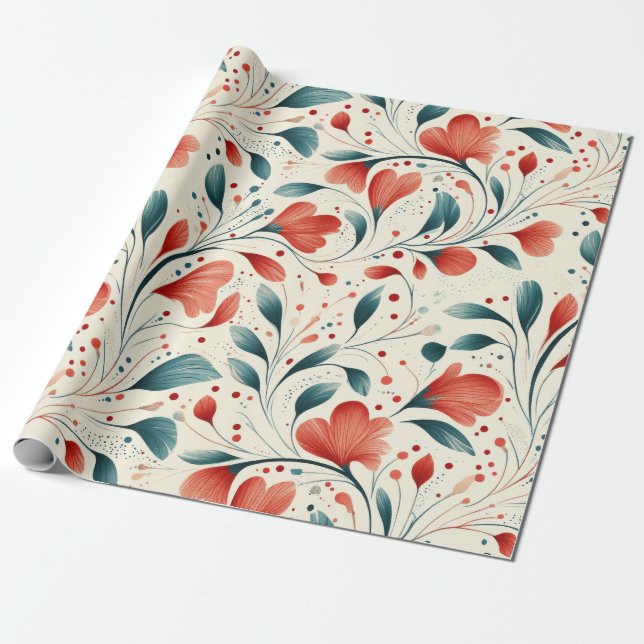 Muster aus blauem Leaf und rotem Flor Geschenkpapier (Ungerollt)