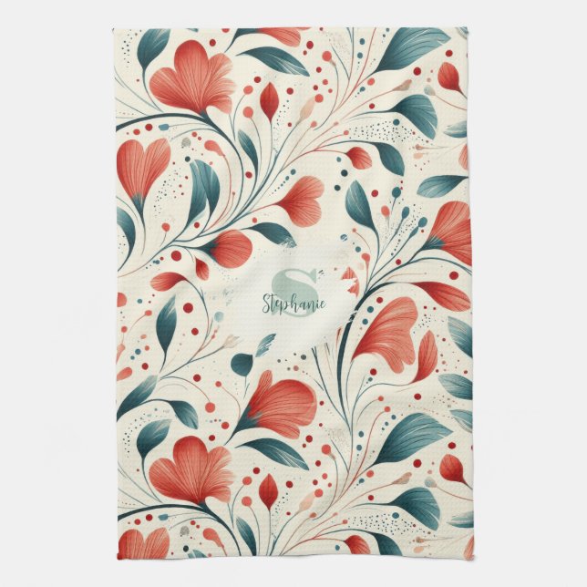 Muster aus blauem Leaf und rotem Flor Geschirrtuch (Vertikal)