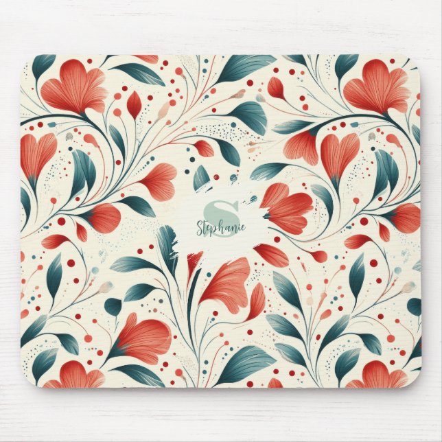 Muster aus blauem Leaf und rotem Flor Mousepad (Vorne)