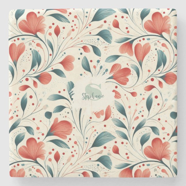 Muster aus blauem Leaf und rotem Flor Steinuntersetzer (Vorderseite)