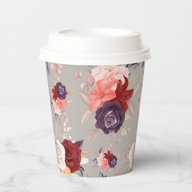Muster aus farbenfrohen Blumen einschließlich Rose Pappbecher (Vorderseite)