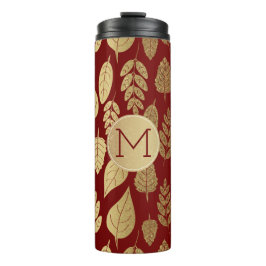 Muster aus Gold und Rotem Leaf und Monogramm Thermosbecher