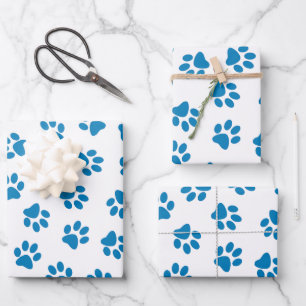 Muster aus Pfoten, Hundepfoten, blaue Pfoten Geschenkpapier Set