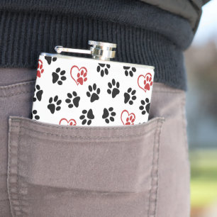 Muster aus Pfoten, schwarzen Pfoten, roten Pfoten, Flachmann