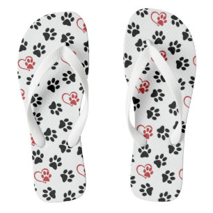 Muster aus Pfoten, schwarzen Pfoten, roten Pfoten, Flip Flops
