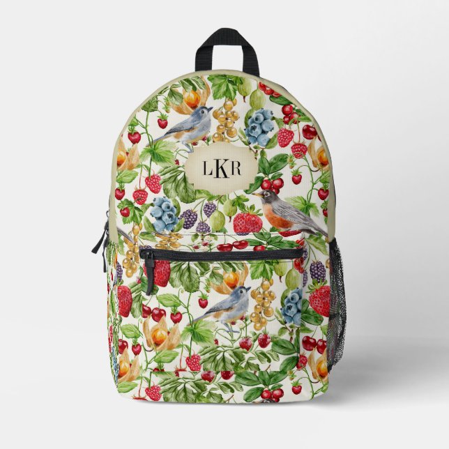 Muster Berries & Birds 3-Buchstaben-Monogramm Bedruckter Rucksack (Vorderseite)