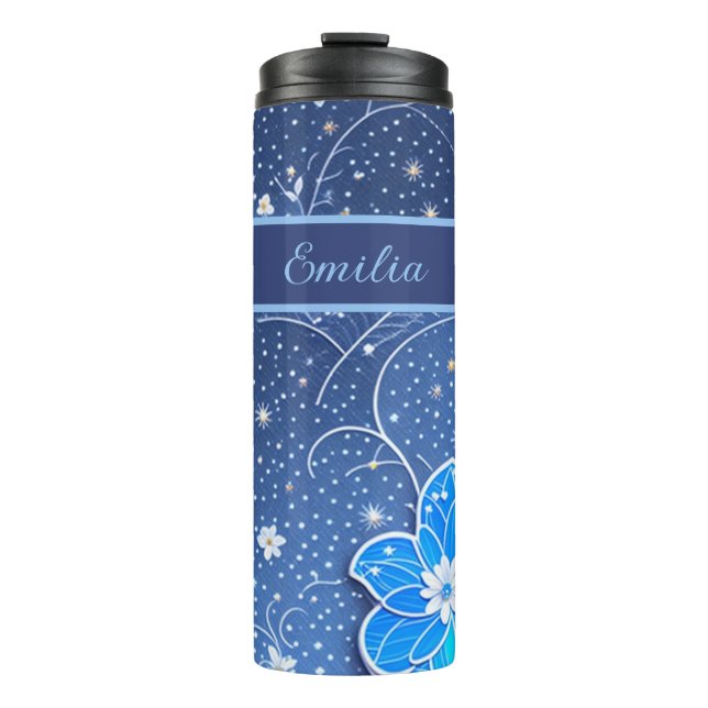 Muster blau weiß mit Blumen Thermosbecher (Vorderseite)