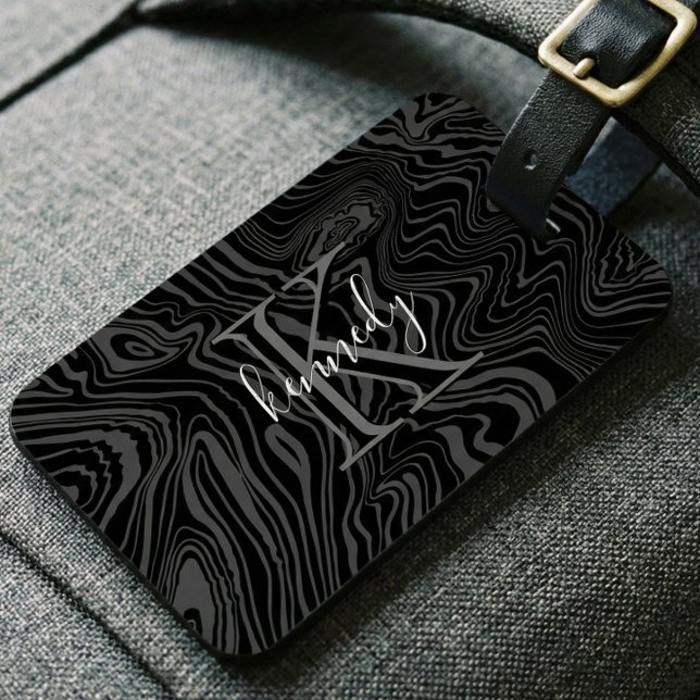 Muster Damaskus Steel für benutzerdefinierte Monog Gepäckanhänger (Custom Monogram Name Black Damascus Steel Pattern Luggage Tag)