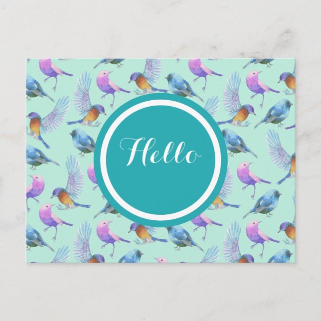 Muster der Aquarellvögel in Rosa und Blau Postkarte (Vorderseite)