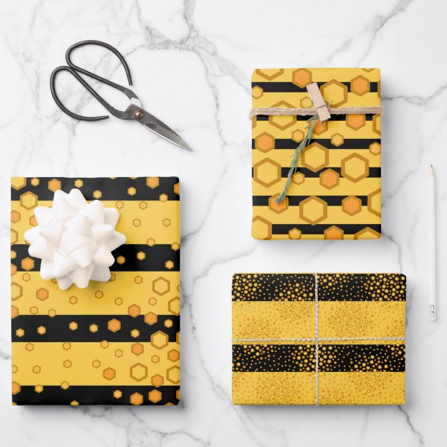 Muster der Bienenreifen Gelb und Schwarz mit Hexag Geschenkpapier Set (Vorderseite)