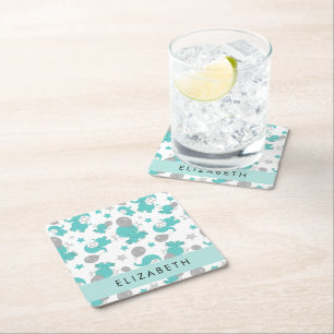 Muster der blauen Elefanten, Sterne, Ihr Name Rechteckiger Pappuntersetzer