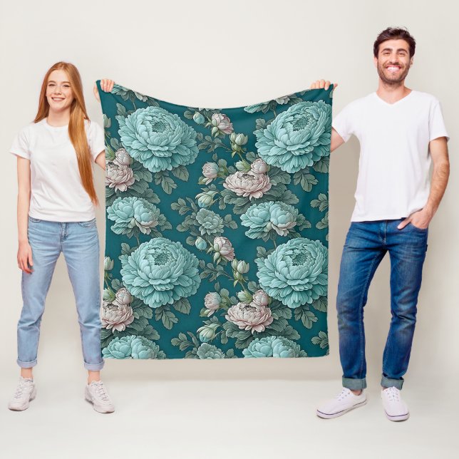 Muster der blauen Peonies auf grünem Hintergrund Fleecedecke (Beispiel)