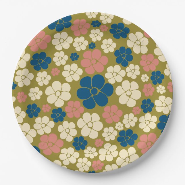 Muster der Blume - Blau, Olivgrün, Rosa und Creme Pappteller (Vorderseite)