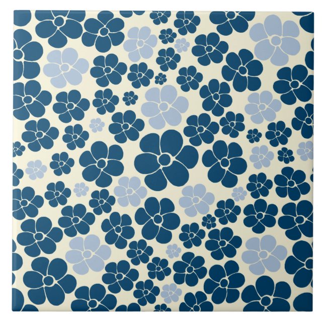 Muster der Blume - Dunkelblau, hellblau und cremef Fliese (Vorderseite)