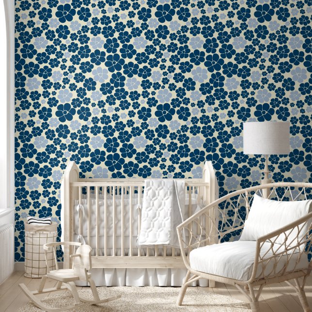 Muster der Blume - Dunkelblau, hellblau und cremef Tapete (Kinder)