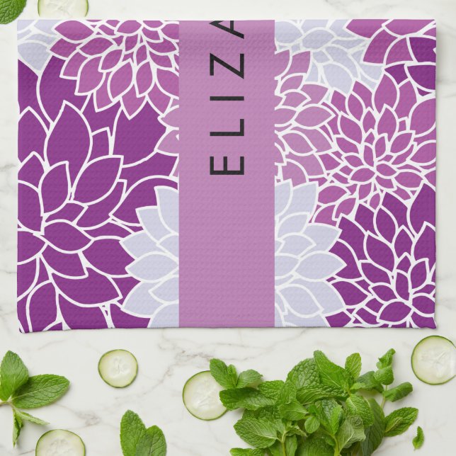 Muster der Blume, Lila Dahlia, Ihr Name Geschirrtuch (Gefaltet)