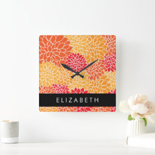 Muster der Blume, Orange Dahlia, Ihr Name Quadratische Wanduhr