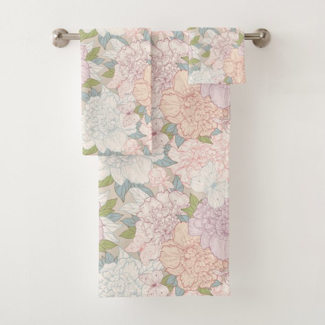 Muster der Blume Pastel Peony & Butterfly Badhandtuch Set (Insitu)