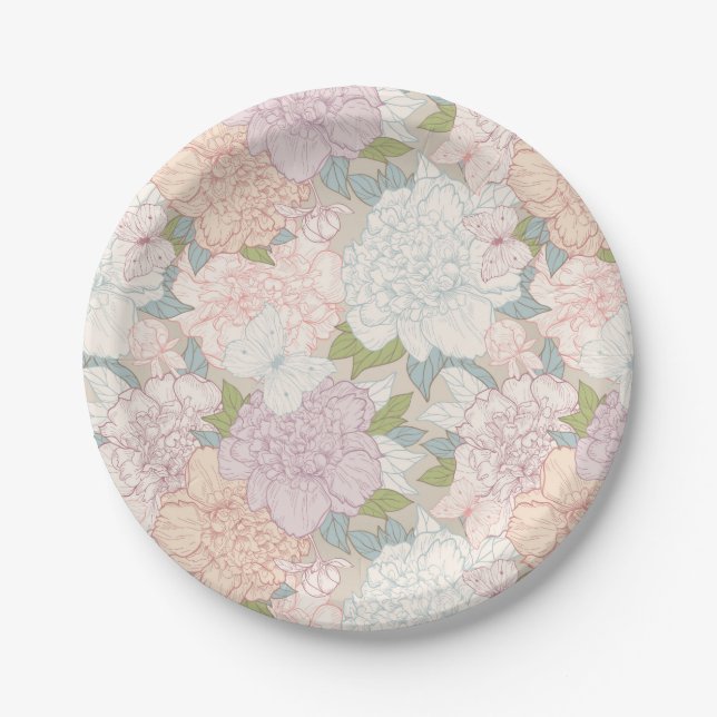 Muster der Blume Pastel Peony & Butterfly Pappteller (Vorderseite)