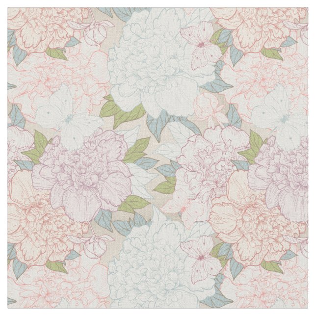 Muster der Blume Pastel Peony & Butterfly Stoff (Nahaufnahme)