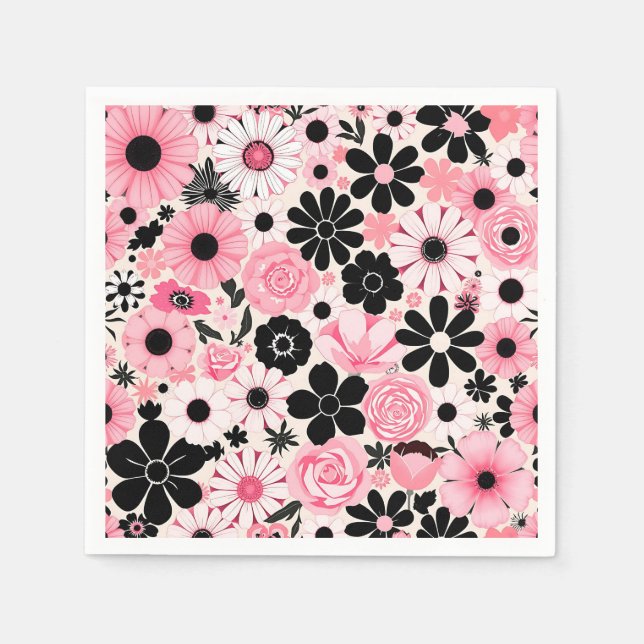 Muster der botanischen Blume in Rosa und Schwarz Serviette (Vorderseite)