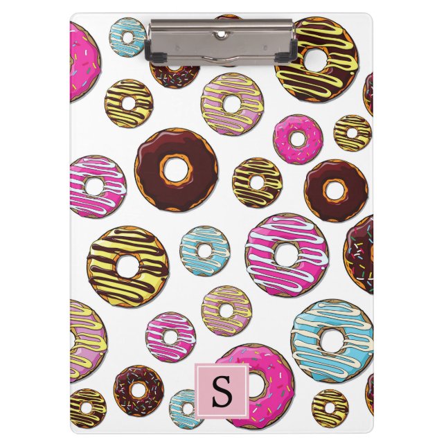 Muster der Donuts, farbenfrohe Donuts, Monogramm Klemmbrett (Vorderseite)