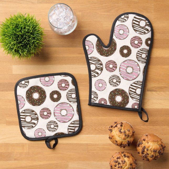 Muster der Donuts, rosa Donuts, braune Donuts Ofenhandschuh & Topflappen-Set (Oben Unten)