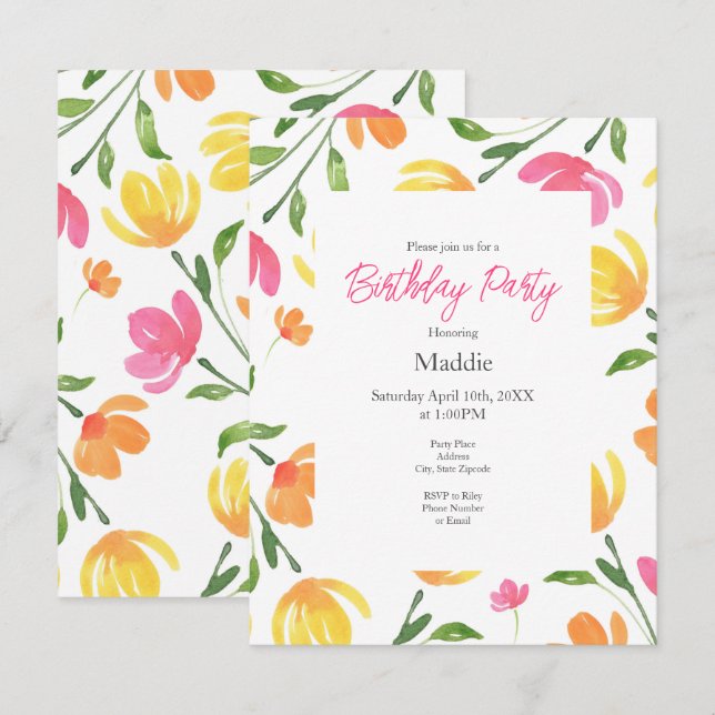 Muster der gelben orangefarbenen Wasserfarben Einladung (Vorne/Hinten)