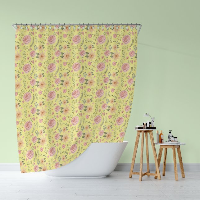 Muster der gelben Vintagen Wildblume Rose Duschvorhang (Yellow Vintage Wildflower Rose Pattern Shower Curtain)