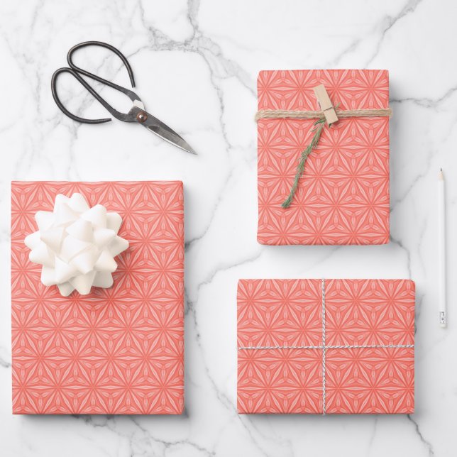 Muster der geometrischen Blume des Coral Orange Geschenkpapier Set (Vorderseite)