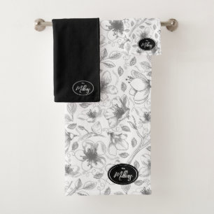 Muster der gezeichneten floralen Kontur Grau/Wht I Badhandtuch Set