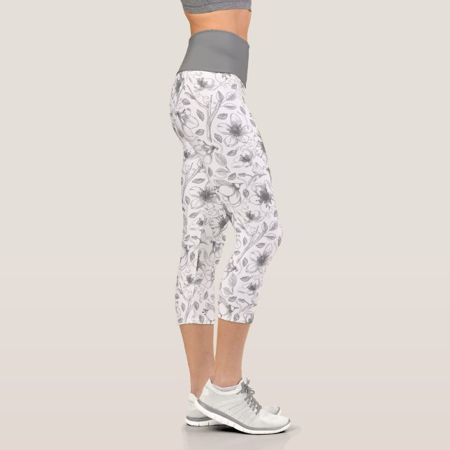Muster der gezeichneten floralen Kontur Grau/Wht I Capri Leggings (Rechts)