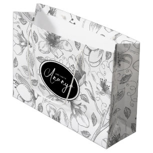 Muster der gezeichneten floralen Kontur Grau/Wht I Große Geschenktüte
