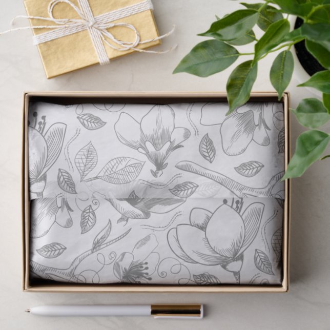 Muster der gezeichneten floralen Kontur Grau/Wht I Seidenpapier (Geschenk)