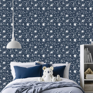 Muster der gezeichneten floralen Kontur Wht/Navy I Tapete