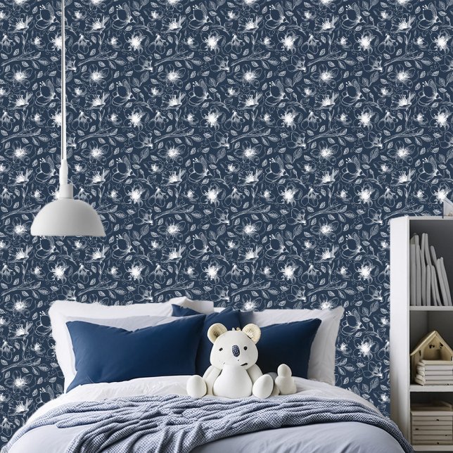 Muster der gezeichneten floralen Kontur Wht/Navy I Tapete (Von Creator hochgeladen)