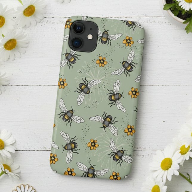 Muster der grünen Honigbiene und Blume Case-Mate iPhone Hülle (Botanical Sage Green Hand Drawn Honeybees, Daisy, Cosmos Flower Floral Pattern Phone Cases for Her)