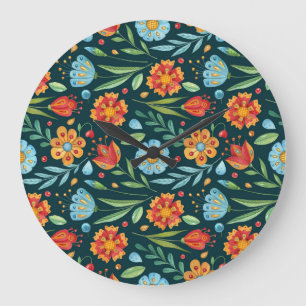 Muster der handIllustrierten Blume Große Wanduhr
