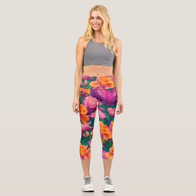 Muster der hawaiianischen tropischen Blume Capri Leggings (Vorderseite)