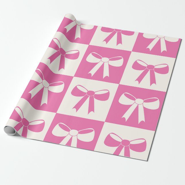 Muster der karierten Coquette Girly Pink Bows Geschenkpapier (Ungerollt)