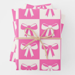 Muster der karierten Coquette Girly Pink Bows Geschenkpapier Set