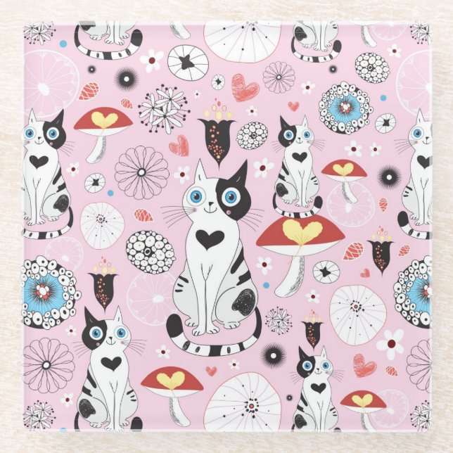Muster der Katzen und der Blumen Glasuntersetzer (Vorderseite)