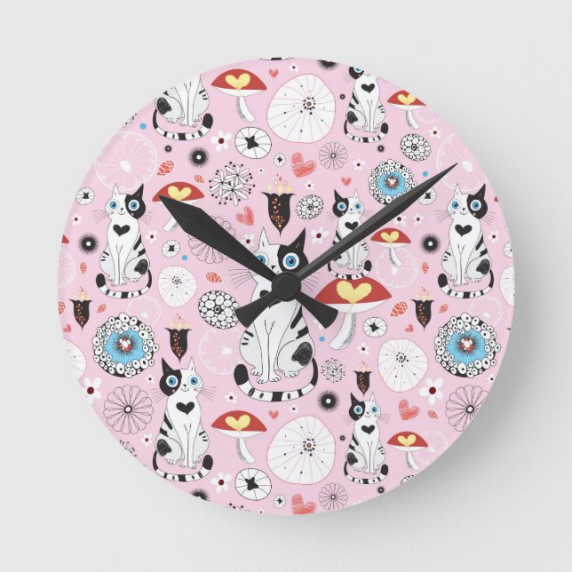 Muster der Katzen und der Blumen Runde Wanduhr (Vorderseite)