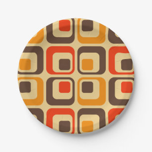 Muster der Retro-Quadrate - rot, braun und orange Pappteller