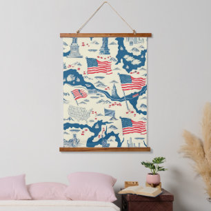 Muster der Vintagen amerikanischen Sehenswürdigkei Wandteppich Mit Holzrahmen