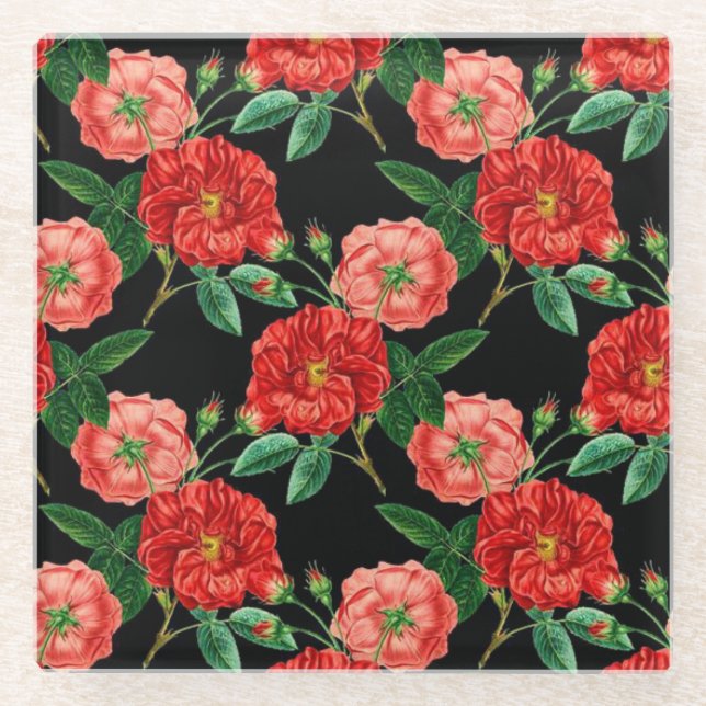 Muster der Vintagen Rose Rot und Schwarz Glasuntersetzer (Vorderseite)